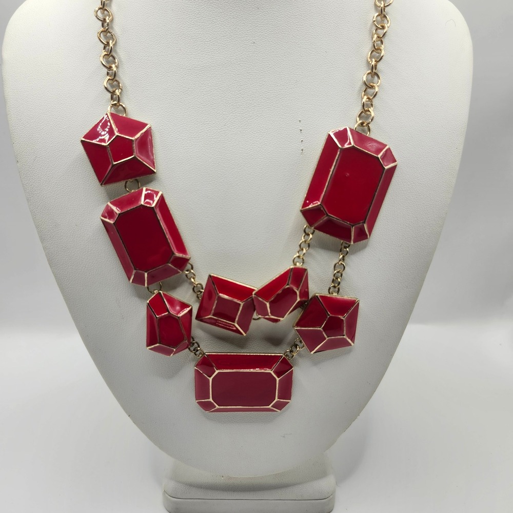 Red Enamel Geometric Statement Necklace Gold Tone Chain Bib Style Bold Chunky